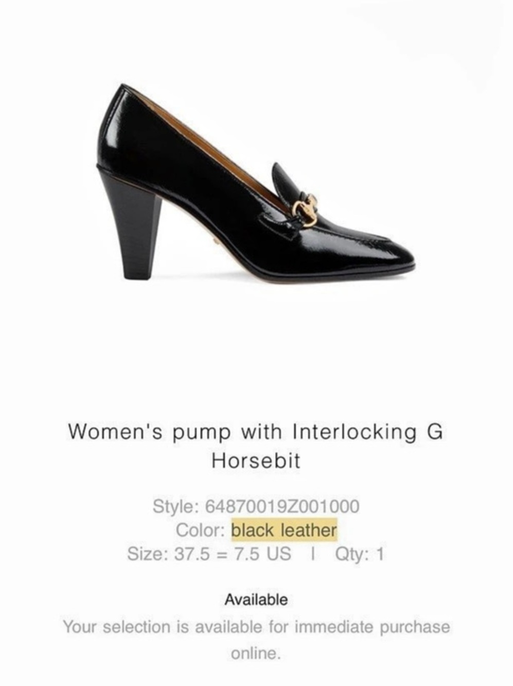 Gucci Women's pump with Interlocking G Horsebit Black Leather Heels US 7.5